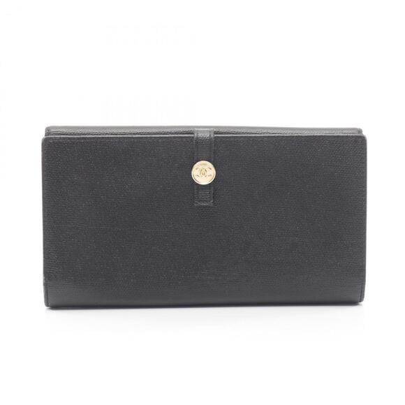 CHANEL Coco Button Bifold Long Wallet Leather Women's Black A20905